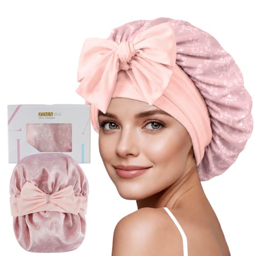 ZIMASILK 100% Mulberry Silk Bonnet for Sleeping Women Long Hair Double Layer Silk Hair Wrap with Tie Band Stay On Head (1Pc, Blush Flower) - color: Blush Flower
