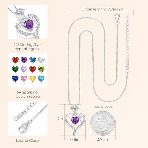 LOUISA SECRET Rose Flower Heart Birthstone Necklaces for Women, 925 Sterling Silver Jewelry, Pendant Heart Necklaces Birthday Anniversary Christmas Gift for Women Wife Mom Girlfriend Lady - color: White Gold-02-Feb