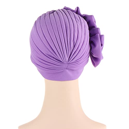Flower Turban Hats for Women - Ruffle Bead Stretch Solid Caps Chemo Cancer Pre Tied Headscarf Headwear - color: Light Purple