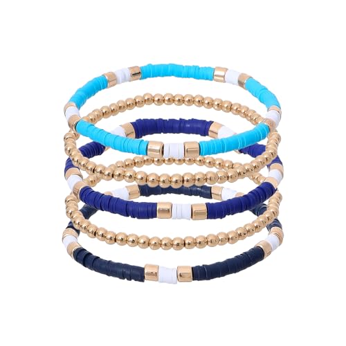 GOOJIDS Surfer Heishi Clay Bead Bracelets for Women Bohemian Stackable Gold Plated Beaded Stretch Bracelets Elastic Layering Friendship Bracelets Set Boho Jewelry - color: B-Blue Surfer Color & Gold Bead