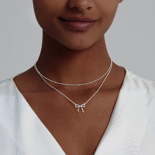 OGD Gold Necklace for Women, Bow Necklace 14K Layered Gold Necklace Dainty Bow Pendant Choker Necklace Trendy Bow Necklace Gold Chain Necklaces for Women Jewelry Gift - color: Silver Bow-2PCS