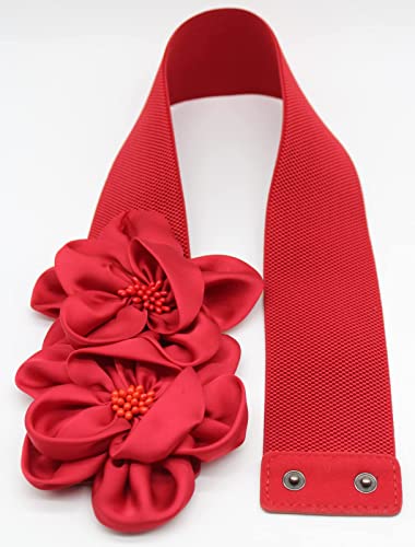 ALAIX Women's Wide Belt Stretchy Chunky Waist Belt Dress Belts Big Flower Cinch Belts Elastic Belts for Women - color: Red, size: Fits Waist (43~48 inches)