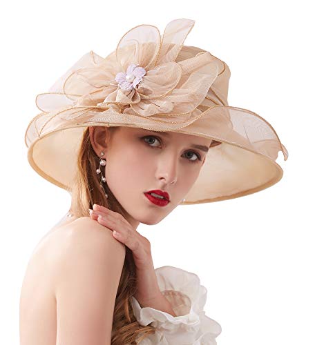 ORIDOOR Women’s Organza Church Tea Party Wedding Fascinator Derby Hat Wide Brim Sun Hats - color: C9-khaki