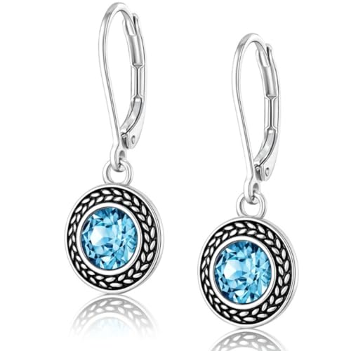 Savma Handmade 925 Sterling Silver Leverback Earrings for Women, Vintage Celtic Round Crystal Dangle Drop Earrings, Lightweight Boho Hypoallergenic Jewelry Gift - color: Blue Stone