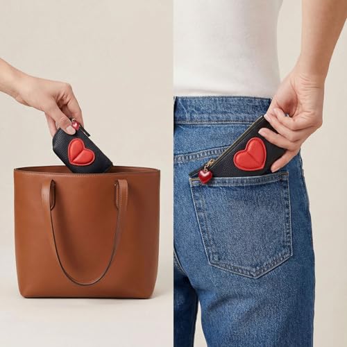Red Heart Design Small Coin Purse - Cute Compact Keychain Change Purse Soft Leather Wallet with Zipper for Women (Black) - color: Black