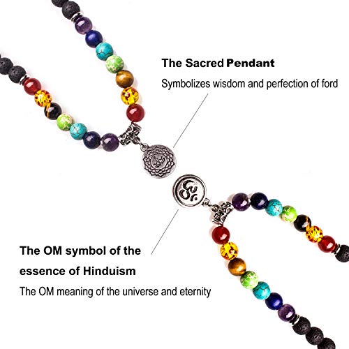 108 Mala Beads Necklace 7 Chakra Buddhist Prayer Beaded Bracelet Tree of Life Pendant Stone Yoga Necklace - color: Lava-OM Buddha