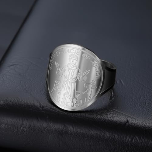 TEAMER Resizable Saint Francis of Assisi Ring Pendant Patron Saint of the Animals and Nature Francis Pet Protect Medal Catholic Jewelry For Women Men - color: Silver