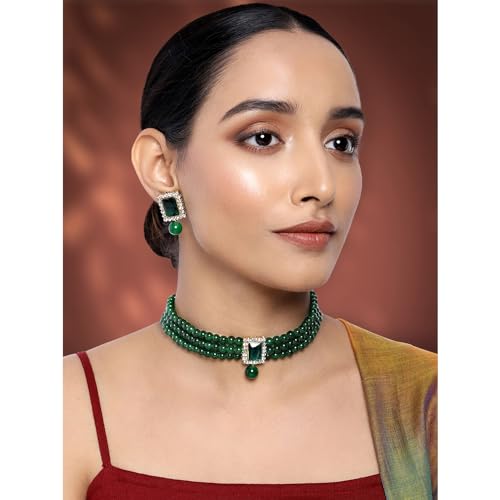 Aheli Ethnic Choker Necklace Earrings Wedding Bollywood Party Jewelry Set Gift for Women - color: Green 2
