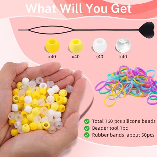 160Pcs 10mm Small Silicone Beads for Hair Braids, Soft Jellyish Pony Hair Beads with 5mm Hole + 50 Rubber Bands and 1 Beader for Braiding, DIY Bracelets Necklaces Crafts (Yellow) - color: Yellow Mix-160Pcs