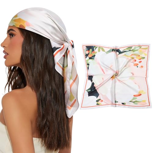 AWAYTR 27.5” Square Satin Head Scarf Hair Scarf for Women's Hair Silk Bandana for Women Silk Head Wrap for Sleeping - color: Flowers (Light Pink + White)