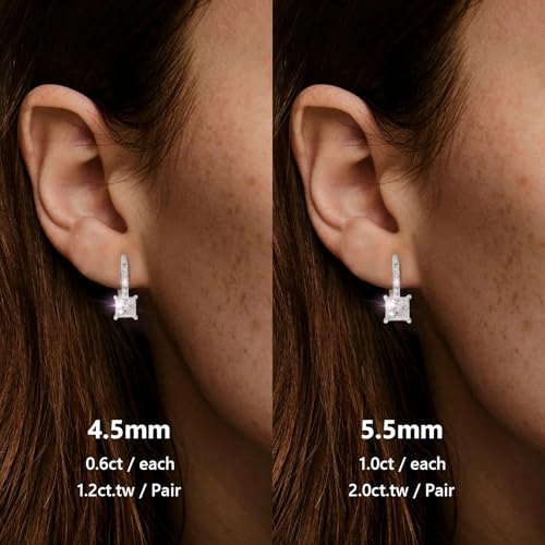 KRKC Moissanite Earrings, 1.0ct-2.0ct D Color Lab Created Diamond Earring, 14k White Gold Plated Sterling Silver Dangle Earrings S925 Leverback Drop Earring for Women Hypoallergenic Jewelry for Gifts - color: Princess-Silver-5.5mm