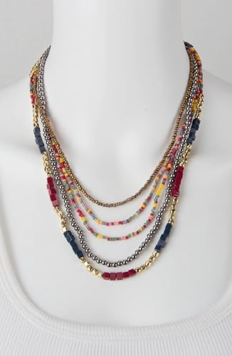 SPUNKYsoul Colorful Boho Multistrand Beaded Necklace — Layered Seed Beads in Black, Gold, Red, Teal and Navy for Effortless, Free-Spirited Style Varies 16-20 inches with 3 inch Extension Chain - style: "Lúcia" Navy Red Gold