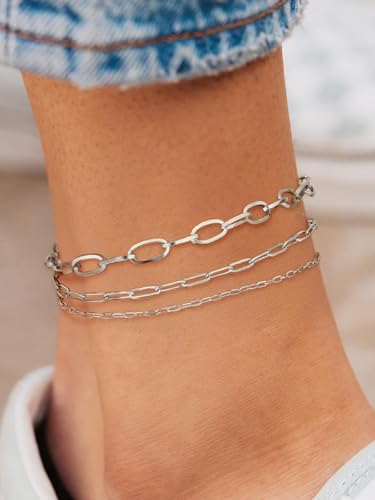 ChainsHouse Ankle Bracelets for Women, Stainless Steel Chain Anklets Waterproof, Women Summer Beach Jewelry Gift, Come with Box - color: 03. 3Pcs-(2+3+6mm)-Paperclip-Steel