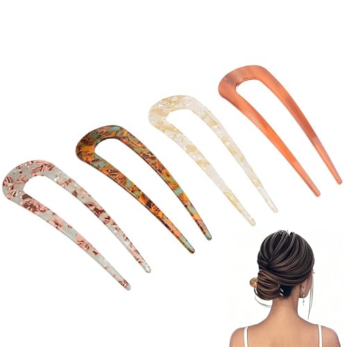 French Twist Hair Fork, 4 Pcs, 5 Inch, U Shape Updo Hair Pins | Classic Cellulose Acetate, 2 Prong Bun Hair