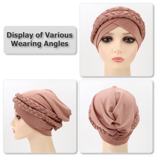 African Women Turban Caps Pre-Tied Twisted Turbans Head Scarf for Women Hair Wraps Cover Beanie Cancer Chemo Headwear - color: 2 Pack Double Twisted Braid: Fresh Pink, Black