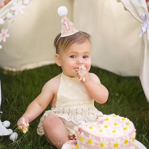 Daisy 1/2 Birthday Cone Hat - Bohemian 6 Months Birthday Decorations,Spring Flower Party Crown Photo Props - color: 1st Brithday
