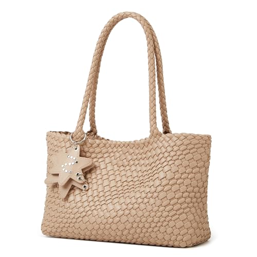 Woven Tote Bag for Women with Purse, Fashion Shoulder Hobo Underarm Bags, Large Woven Handmade Work Commuter Day Bags - color: White