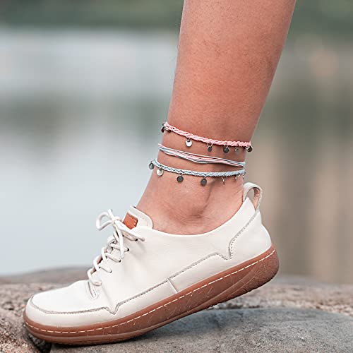 FANCY SHINY String Ankle Bracelets Waterproof Rope Anklets Braided Beach Boho Coin Anklets Cute Friendship Foot Jewelry for Women - style: Pink