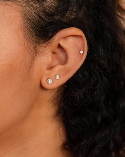 3 Pair Tiny Flat Back Earrings for Women - 14K Gold/White Gold Plated Dainty Cute Small Screw Flatback Stud Earring, Everyday Wear Gift - color: diamond gold