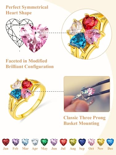 Custom4U Personalized 1-4 Birthstone Rings for Women Promise Rings for Her Sterling Silver Mothers Ring Customized Cubic Zirconia Stones Wedding/Valentine's Day/Mother's Day Jewelry Gift for Mom Wife - color: A-4 Names-Gold