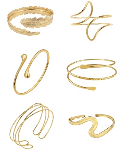 6 Pcs Arm Cuff Jewelry for Women, Minimalist Gold Coil Upper Arm Armband Set Metal Simple Open Armlet for Party - color: Feather