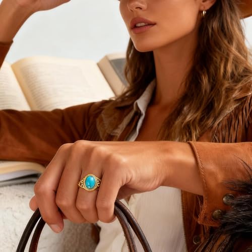 Turquoise Rings for Women Gold Western Rings Knuckle Wedding Party Fashion Jewelry Gifts Country Concert Outfit Accessories - color: Size:6