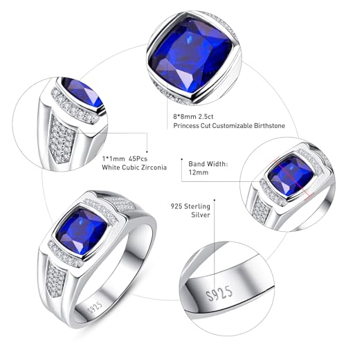 Yaresul 8 * 8mm 2.85CT 925 Sterling Silver Mens Gemstone Ring Princess Cut Created Black Onyx|Sapphire|Emerald|Ruby Mens Wedding Band Engagement Ring Pave CZ W/AAA Size 6-13 - color: Y-Customized Birthstone/Metal Type