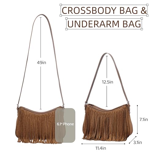 Fringe Shoulder Bag for Women Underarm Suede Western Hobo Purses and Handbags Trendy Crossbody Purse with Tassel - color: Brown