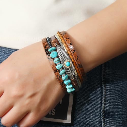 Fesciory Leopard Bracelet for Women, Boho Leather Wrap Multi-Layer Pearl Crystal Bracelet Bangle Jewelry - style: Feather(Brown)