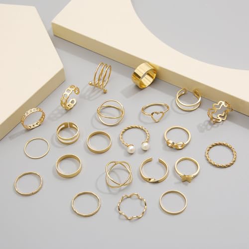 22 Pcs Gold Knuckle Rings Set for Women,Boho Fashion Thick Finger Stacking Rings,Vintage Midi Hollow Statement Rings Pack Jewelry Gift - color: Gold
