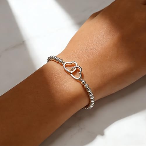 Matching Bracelets for Couple,Gold Silver Beaded Heart Couples Bracelets,Raomantic Relationship Promise Jewelry Gifts for Her - color: Double Heart