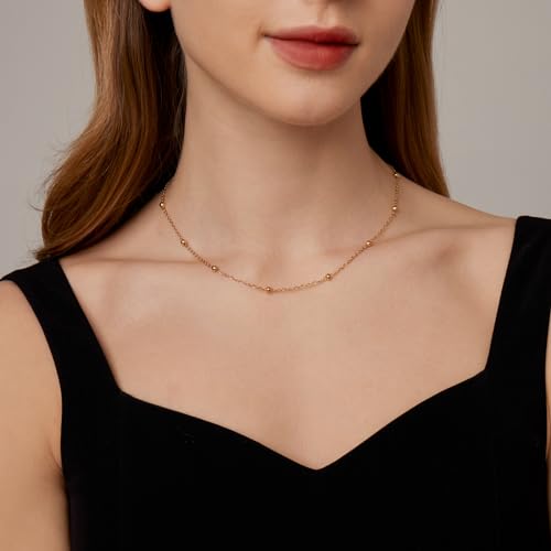 NONAMOIS Gold Chain Necklace for Women Dainty 18K Gold Plated Thin Satellite Beaded Turquoise Necklace Simple Layered Boho Jewelry Christmas Gifts - color: Beaded-Gold