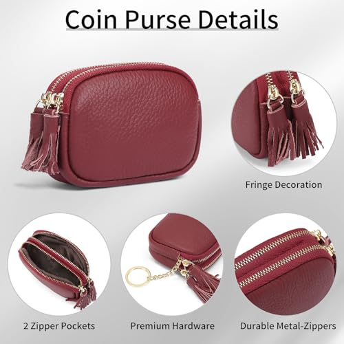 SENDEFN Coin Purse Keychain Small Genuine Leather Women Wallet 2 Zippers Around Key Ring Change Pouch Cash Holder - color: 3-Red