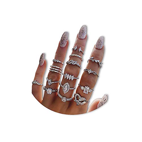 15 Piece Vintage Rhinestone Knuckle Ring Sets.Silver Leaf Pattern Crystal Stackable Ring Joint Nail Ring Midi Finger Ring for Women (Silver)
