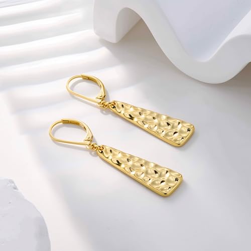 ALEXCRAFT Hammered Silver Dangle Earrings for Women, 14K Gold Plated French Leverback Earrings, Hypoallergenic Lightweight Statement Hammer Square Bar Long Drop Earing for Women Trendy Jewelry Gifts - color: GoldA