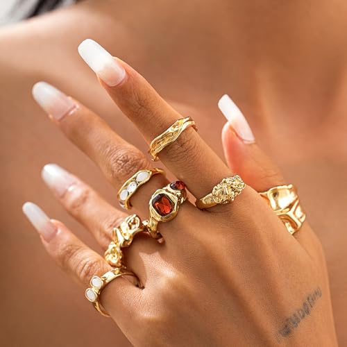 Chunky Gold Rings for Women Non Tarnish Boho Stackable Rings Set Adjustable Open Joint Finger Midi Knuckle Ring Packs - color: Gold Chunky Rings 7Pcs