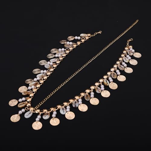 Teyglen Vintage Golden Coin Head Chain with Pearl Shell Tassel Hair Chain Boho Sequins Headpiece Wedding Head Jewelry for Women Beach Halloween Costume Accessory