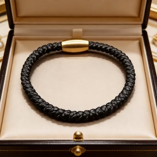 Men's Leather Bracelet, Stackable Stainless Steel Clasp Bracelets for Men Stylish Birthday, Thanksgiving, Valentine's Day Gift for My Man - style: 8.2" Black and Golden