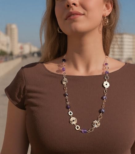 Long Gold Necklaces for Women Dainty Natural Stone Beaded Gold Necklace Mothers Day Gifts Boho Gold Costume Jewelry for Women - color: Amethyst