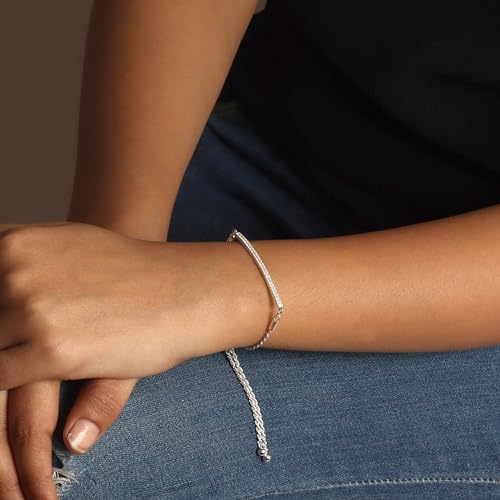 LeCalla 925 Sterling Silver Sliding Bolo Bracelet | Lightweigh Adjustable Chain Bracelets for Women | Valentine's Day Gift Friendship Sister Mom - color: CZ ID Bar Linear