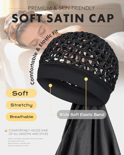 Satin Wrap Cap Hair Net and Scarf Combo for Silk Press - Soft Hair Net with Scarf for Sleeping, Protective Hair Wrap Scarf (Black) - color: Black