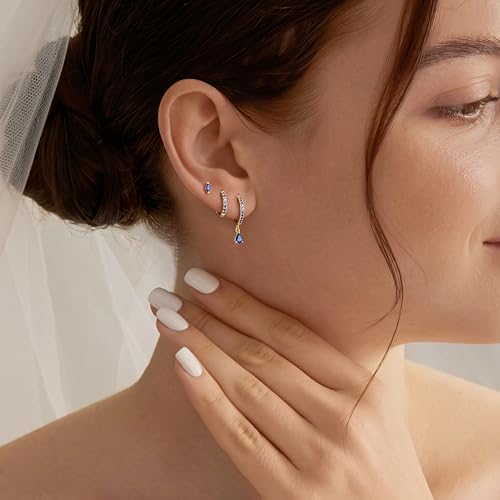 14K Gold Plated Small Huggie Hoop Earrings Set for Women, Hypoallergenic Dainty Sterling Silver Dangle Studs for Cartilage Helix, Lightweight Trendy Cute Stack Birthstone Jewelry Gift - color: 09_Sapphire_Sep_Gold