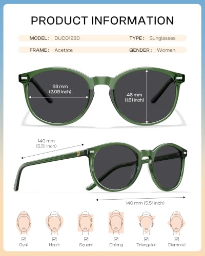 DUCO Women's Trendy Retro Round Acetate Polarized Sunglasses, UV400 99% Glare Block, Lightweight for Daily & Outdoor - color: 6. Transparent Green Frame Grey Lens