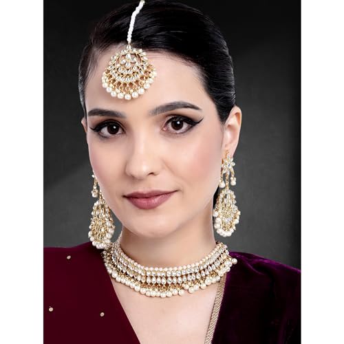 Aheli Faux Kundan Beaded Necklace Earrings Maang Tikka Indian Bollywood Ethnic Jewelry Set Gift for Women - color: White
