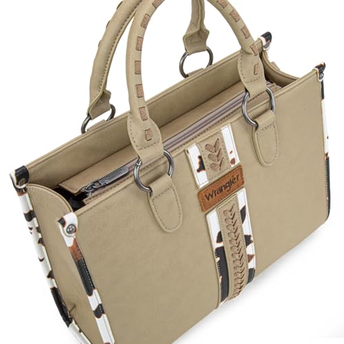 Montana West Wrangler Animal Print Tote Bag for Women Western Purse Boho Top Handle Satchel Handbag - color: Cow Khaki