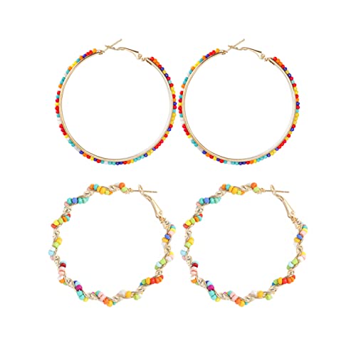 2 Pairs Bohemian Colorful Beads Circle Round Hoop Earrings Gold Hoop Dangle Earrings for Women Vintage Boho Jewelry - color: thin