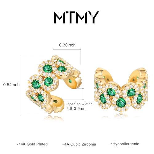 MTMY Gold Ear Cuff Earring for Women 14K Gold Plated Cubic Zirconia Non-Pierced Clip on Cartilage Chunky Ear Cuffs Hypoallergenic Jewelry - style: green cz / pair
