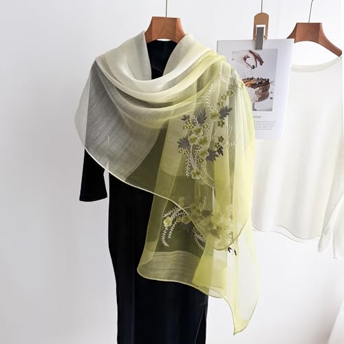 WINCESS YU Women Mulberry Silk Scarf Long & Large Embroidered Floral Pattern Shawl and Wraps Neckerchief for Hair & Neck - color: Gradient Light Green