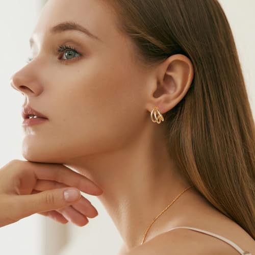 Gold Hoop Earrings for Women, 19mm Triple Hoop Earrings, 14K Gold Plated Over 925 Sterling Silver, Lightweight Hypoallergenic Stacked Hoops, Minimalist Everyday Gold Jewelry