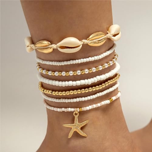 Shell Anklets Bracelet for Women Waterproof Surfer Starfish Bracelet Puka Shell Anklet Colorful Boho Stack Stretch Bead Bracelet Set Hawaii Summer Beach Vacation Foot Jewelry - color: Gold